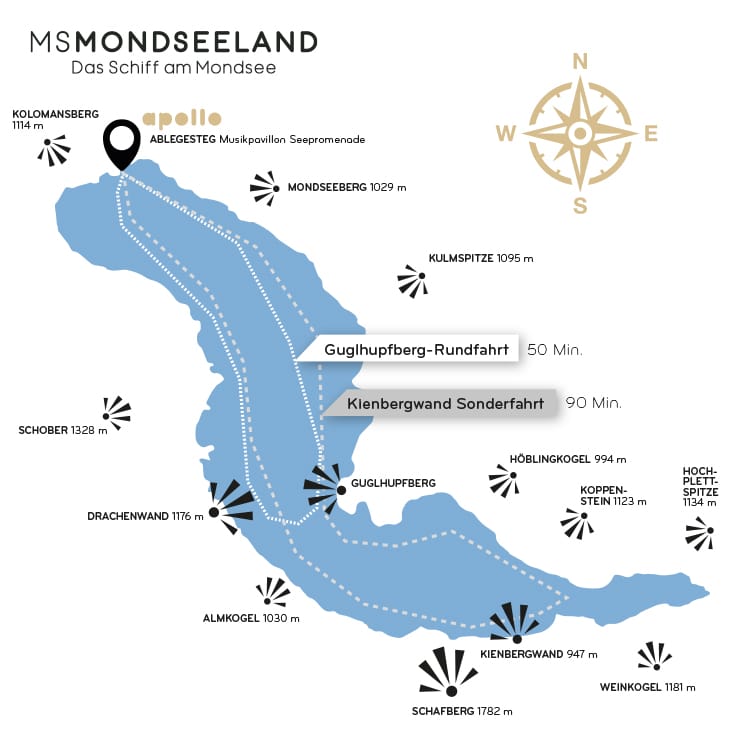 Landkarte mit den Touren und allen Tourzielen der MS Mondseeland